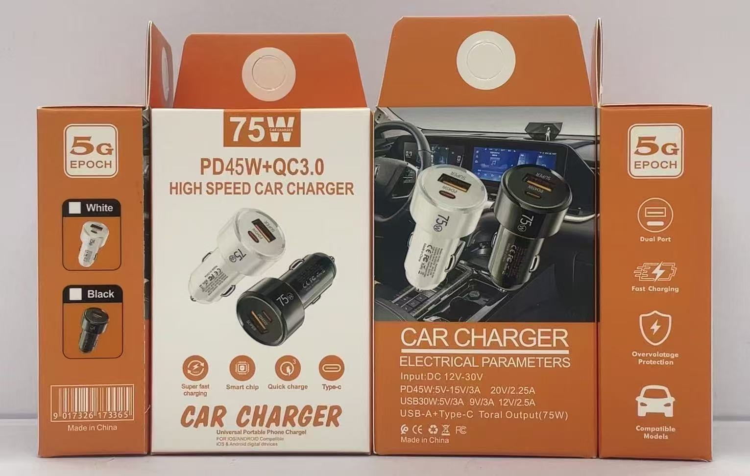 75W Fast Car Charger Universal Cigarette Lighter Socket Adapter Charging Dual Port Type-C Car Charger