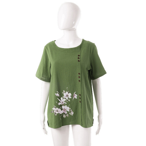 Cotton and Linen Women's Summer and Autumn Retro Casual Loose Cotton and Linen Short Sleeve T-shirt Women's Plus Size AMZ WISH