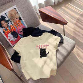 夏日纯棉童装短袖t恤女童猫咪印花小众奶油色上衣半袖多巴胺体恤