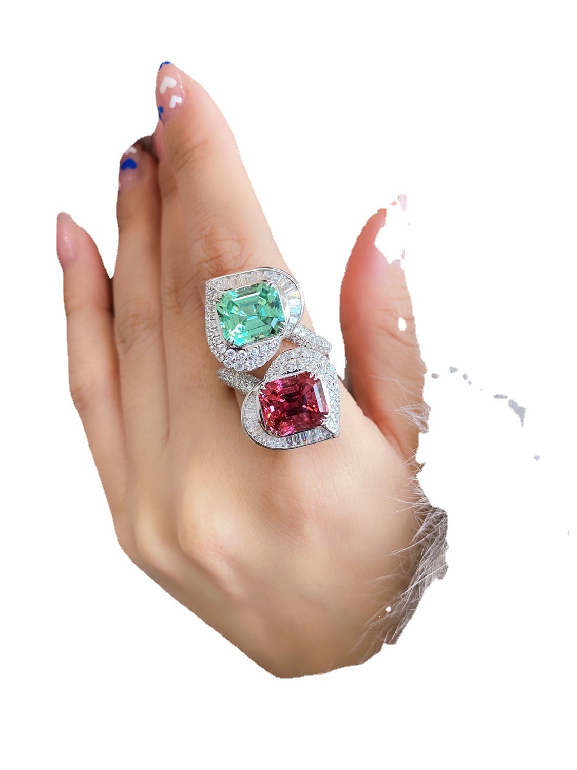 Elegante baile reina llena de diamantes con incrustaciones de doble corazón turmalina anillo pendientes AB contraste color pendientes encantadores