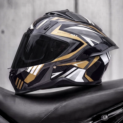 Motosiklet kaskı (dəbilqə) — riding, full-face motorcycle helmet - gold-windbreaker-black-tea-mirror-free-transparent-mirror-m55-56cm