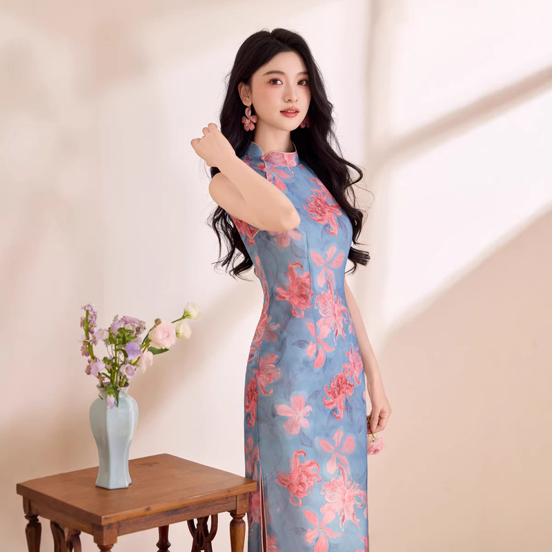 New Chinese-Style National Fashion Young Style Stunning Blue Cheongsam with Pink Print 2026 Summer Daily Wear Girly Dress