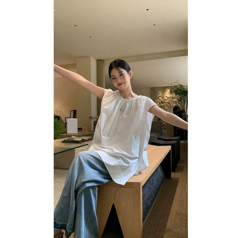 Свободная футболка больших размеров с круглым вырезом, однотонная футболка с разрезом по подолу, простая футболка без рукавов, женственный повседневный летний топ средней длины