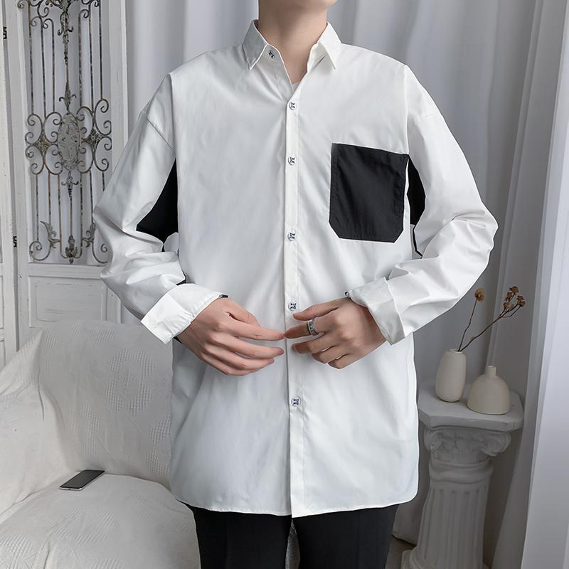Men's Black And White Patchwork Long Sleeve Casual Shirt Trendy_voghion.com