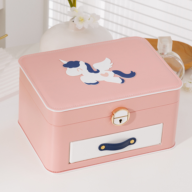 Unicorn Lockable Children's Jewelry Box Drawer-Type Girl's Jewelry Necklace Ring Storage Box Manufacturer Spot Wholesale