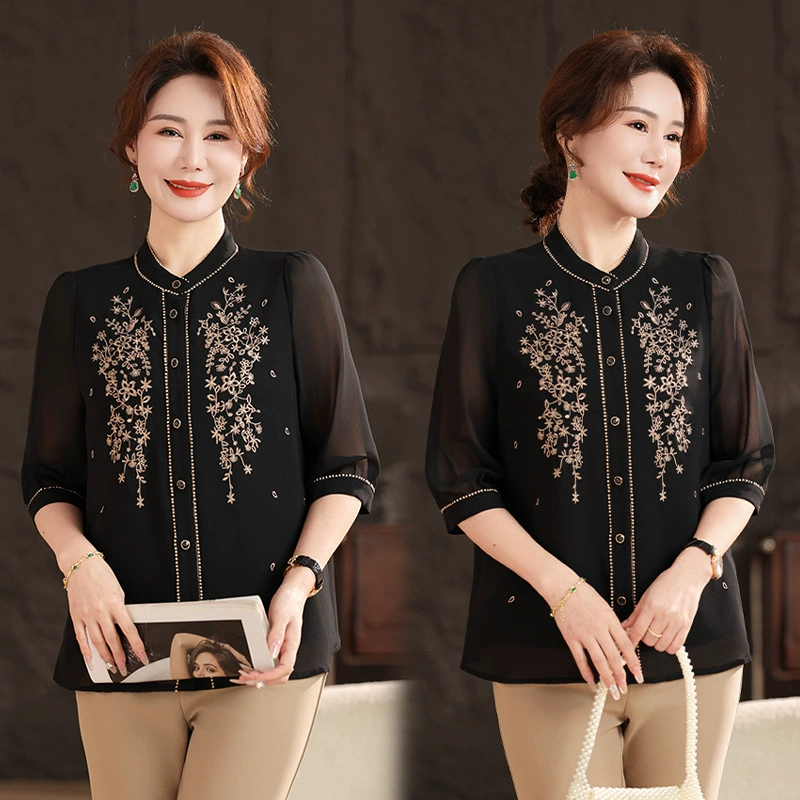 Женская одежда 2025, рубашка весна-осень, новый стиль, свободные топы для женщин среднего и старшего возраста, вышитые рубашки для пожилых, мода