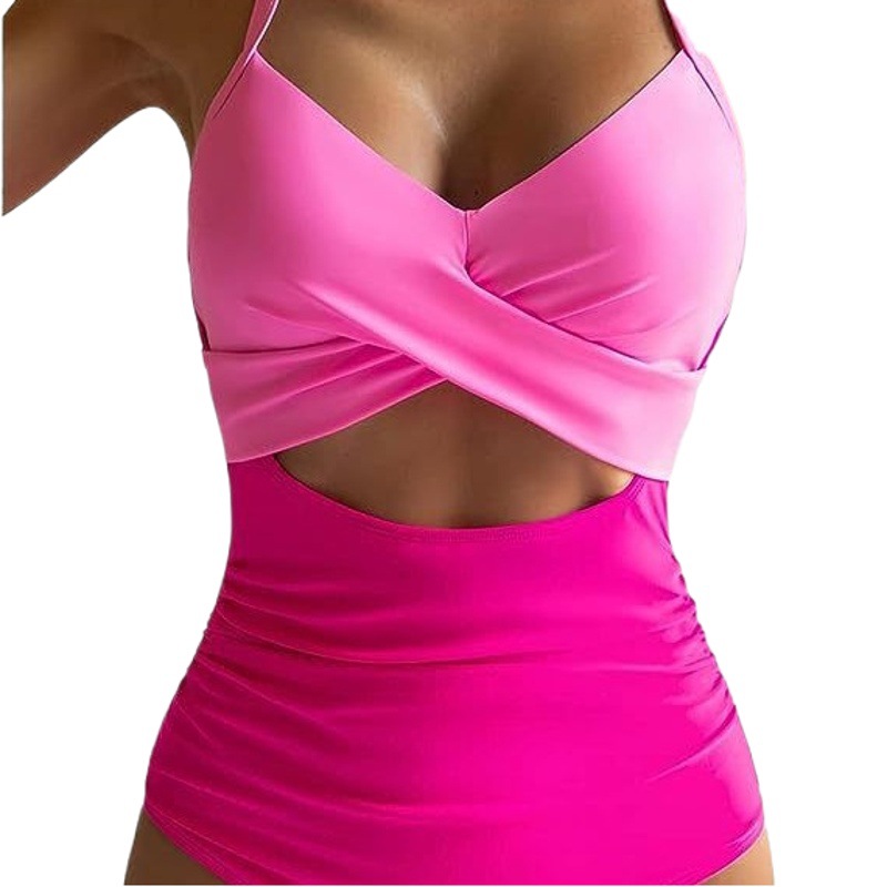 Traje de baño de una pieza de color sólido para mujer, estilo europeo y americano, sin espalda, con estampado de leopardo cruzado, sexy, bikini, ropa de baño.