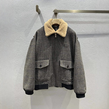 南油高端女装2025秋冬MIU新款羊羔毛拼接翻领格纹羊毛呢外套女