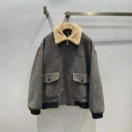 南油高端女装2025秋冬MIU新款羊羔毛拼接翻领格纹羊毛呢外套女