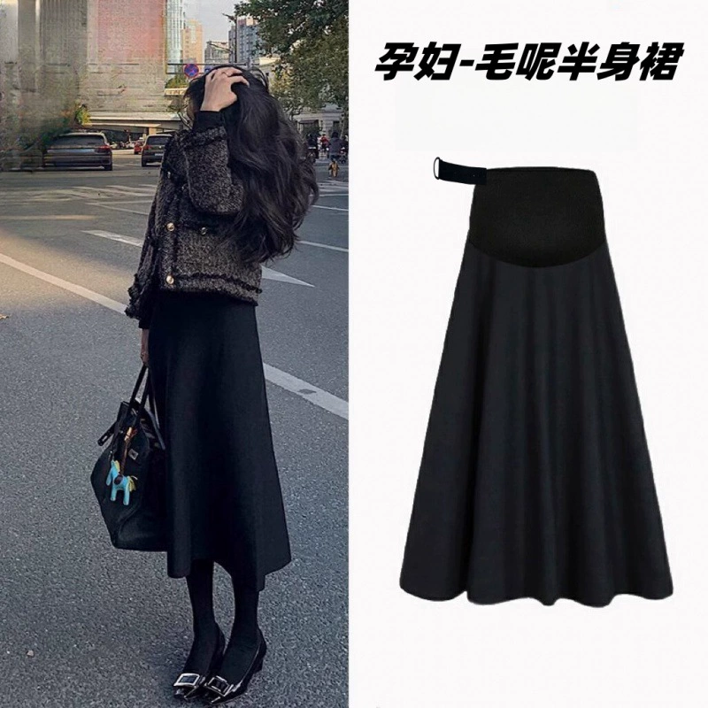 Юбка для беременных шерстяная юбка с бюстом весной и осенью большой размер, толстый мм, покрывающий живот, тонкая грушевидная фигура средней и длинной юбка-зонтик