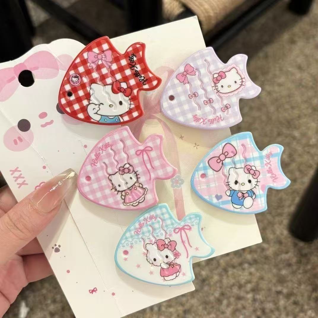 DT7163 체크무늬 고양이 물고기 머리핀