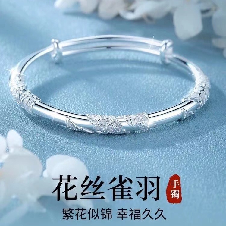 Floral Bracelet Jade Women's Solid S999 Engraved Bracelet Young Style Gift for Girlfriend or Mom's Birthday