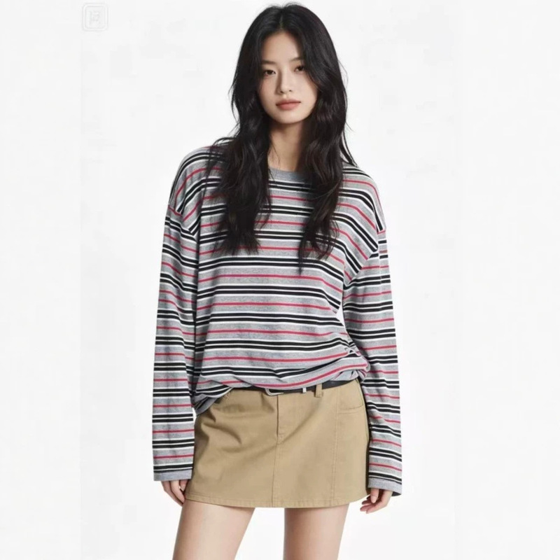 Mo** Mall Same Style 2026 Autumn New Fashion Retro Striped Color-Blocking Lightweight Round-Neck Pullover Knit Sweater