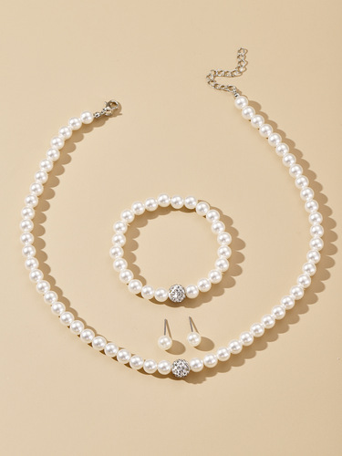 ABS Pearl Jewelry Set Women's Necklace Earrings Bracelet Three-piece Set Gift for Mom Beautiful Wedding Photo Accessories