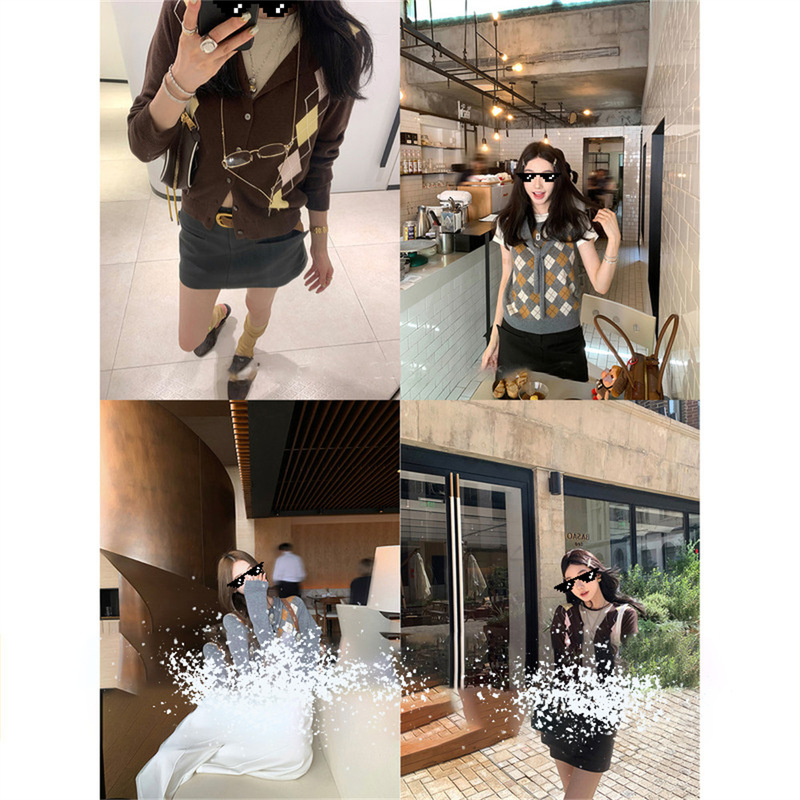 Ouyang Ling-Shaped Plaid Shawl Knit Sweater for Women, New Autumn Long-Sleeve Retro Lazy Style Cardigan Top