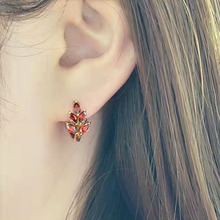 韩国新款树叶耳环女时尚百搭红色锆石森系睡觉不用摘耳扣小耳圈