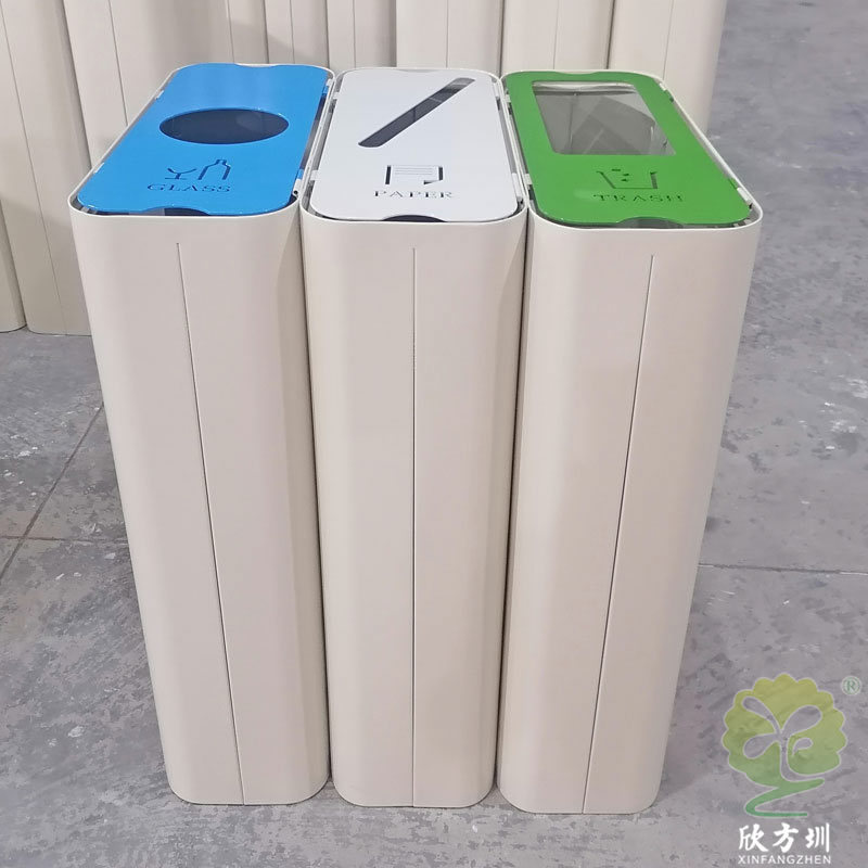 室内商用酒店商场喷粉转木纹不锈钢分类垃圾桶三色金属果皮箱厂家