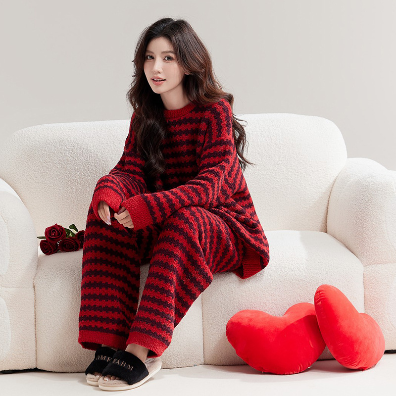 new year red half velvet couple pajamas birth year bright red horizontal stripe home wear suitable for daily wear suit 24 new