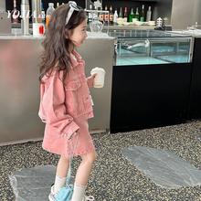 儿童春季套装2024新款洋气女童春秋韩版时髦牛仔套裙两件套洋气粉