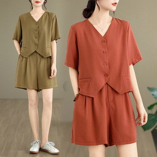 Plus-Size European-Style Casual Fashion Youthful Cotton and Linen Women's Summer Outfit for Plus-Size Women, Slimming Short-Sleeve Top and Shorts Two-Piece Set