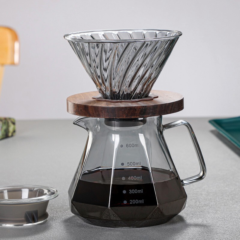 Smoky gray diamond coffee pot with walnut wood tray high temperature resistant glass filter Cup funnel hand punch sharing pot suit