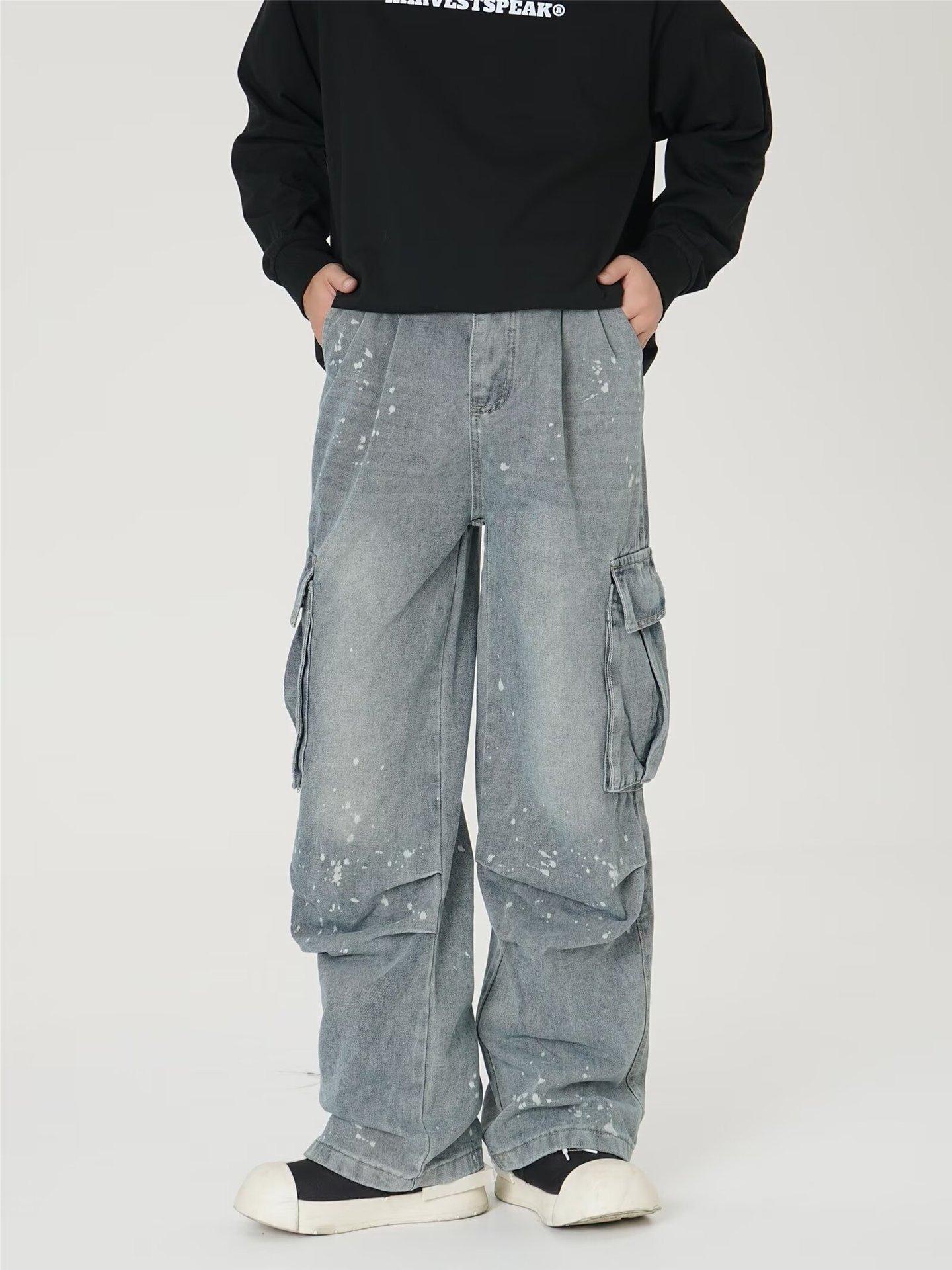 Vintage Cargo Jeans für Herren – Distressed Multi-Pocket Streetwear Hose mit Farbspritzern & Oversized Fit (S-XXXL) – Grunge Revival Essential_voghion.com