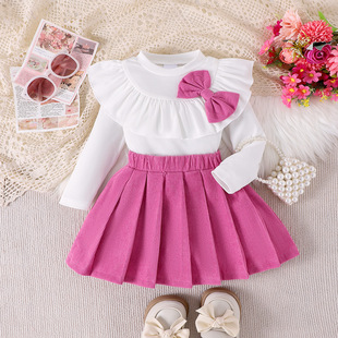 Amazon autumn and winter new best selling children's skirt set bow ruffled collar top with red pleated skirt