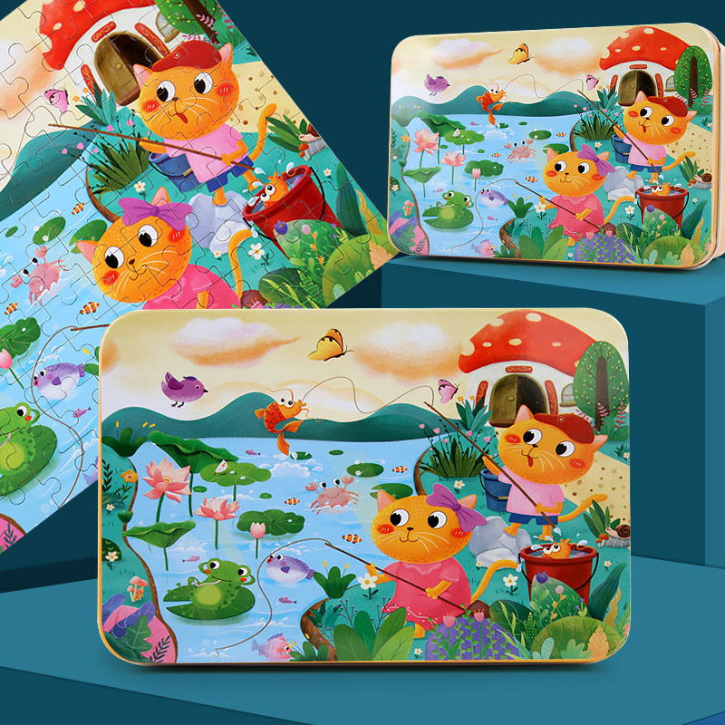 Niños 60.100 piezas de madera caja de hierro dibujos animados dibujos animados rompecabezas plano rompecabezas educación temprana juguetes de iluminación