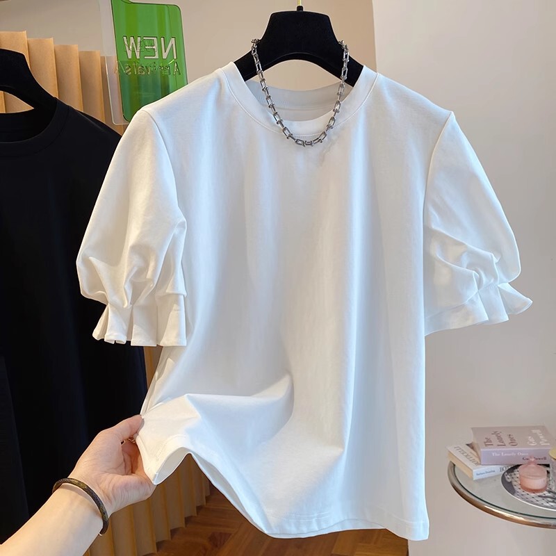 2026 Spring New Design Niche High-End Puff Sleeve T-Shirt Women's Short-Sleeved Loose Cotton Bottoming Shirt Top