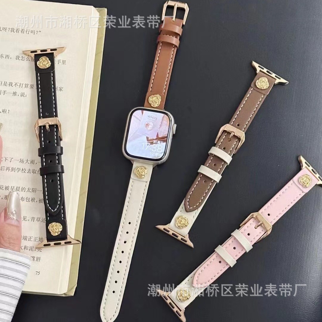 Suitable for applewatch876453se Apple S9 Generation Small Man Waist Leather Slim-fit Camellia Strap Commuter Women