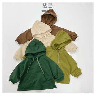 South Korea children's clothing children's versatile sweater autumn new boys and girls solid color pocket casual hooded long sleeve sweater
