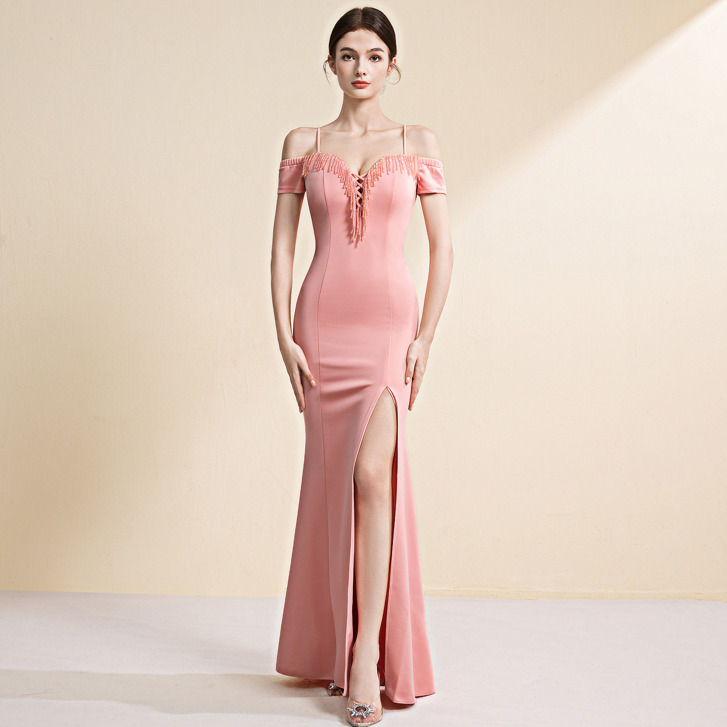 Evening dress women's off-shoulder slim-fit slimming banquet elegant simple socialite banquet dinner long fishtail dress