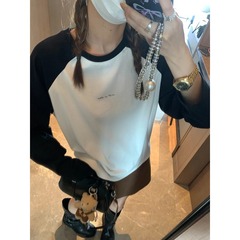 摩且 博主私服 美式减龄撞色插肩袖圆领宽松休闲长袖T恤 MQ0807