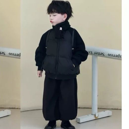 男童加厚棉服套装2025冬季儿童百搭保暖立领上衣加绒弯刀裤两件套