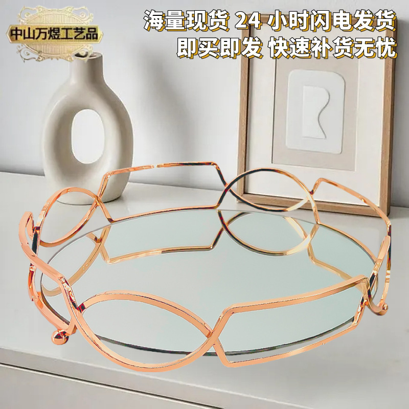 Hogar plato de fruta de hierro de estilo europeo cuadrado artesanía de hierro bandeja redonda decoración artesanal de vidrio bandeja de almacenamiento de café ins