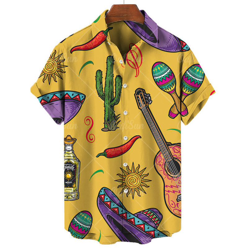 2026 Men's Cross-Border Foreign Trade Mexican Style Printed Shirt Casual Men's Shirt Travel Short-Sleeved Hawaii