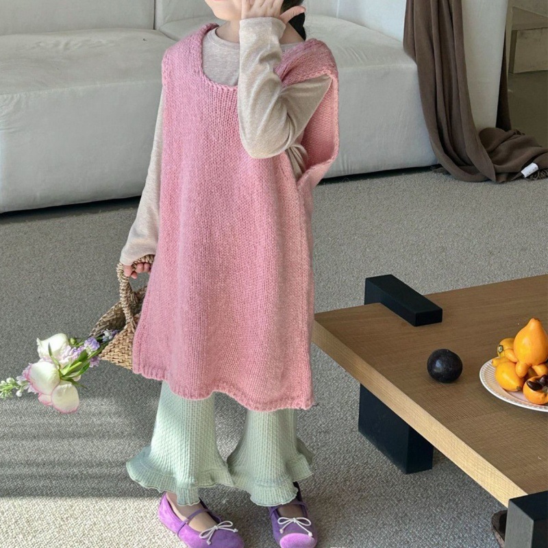 韩版女童套装春季新款儿童针织背心喇叭裤长袖三件套中长款马甲
