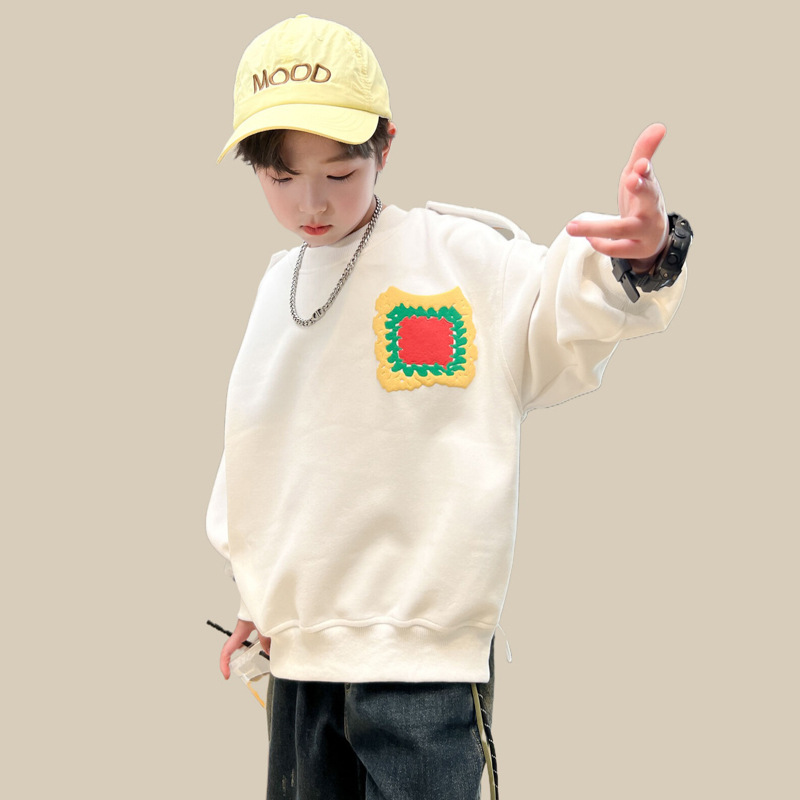 Detské oblečenie, chlapčenské oblečenie, biela mikina, jar a štýly, nové topy 2024, stredná až veľká detská jeseň_voghion.com