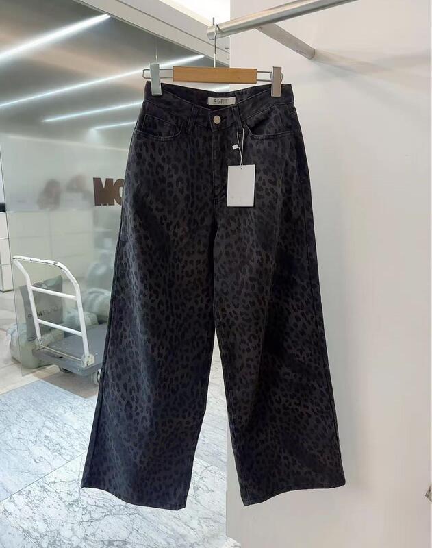 jennie金智妮同款美式复古豹纹阔腿牛仔裤女直筒显瘦宽松休闲裤子|undefined
