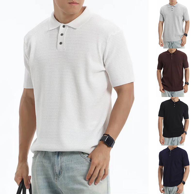 Polo camiseta de punto camiseta de manga corta hombre solapa textural de color sólido vieja camiseta de viento de hielo de seda de verano fábrica transfronteriza mayorista