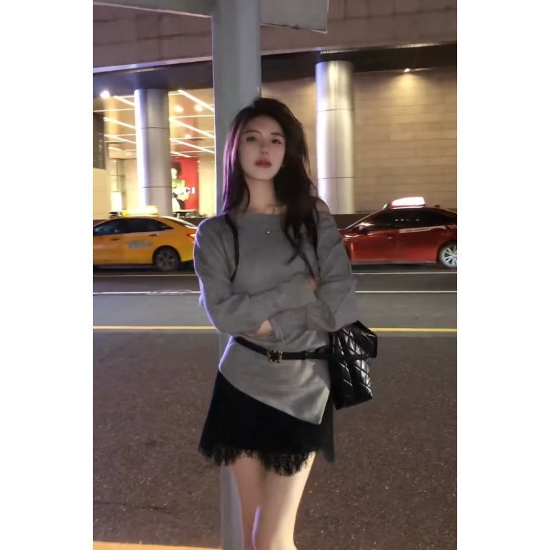 禾呈早秋温柔针织斜肩宽松显瘦上衣女长袖上衣＋蕾丝连衣裙|undefined