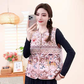 2026春季新款民族风复古圆领马甲女文艺复古刺绣缎面提花宽松背心