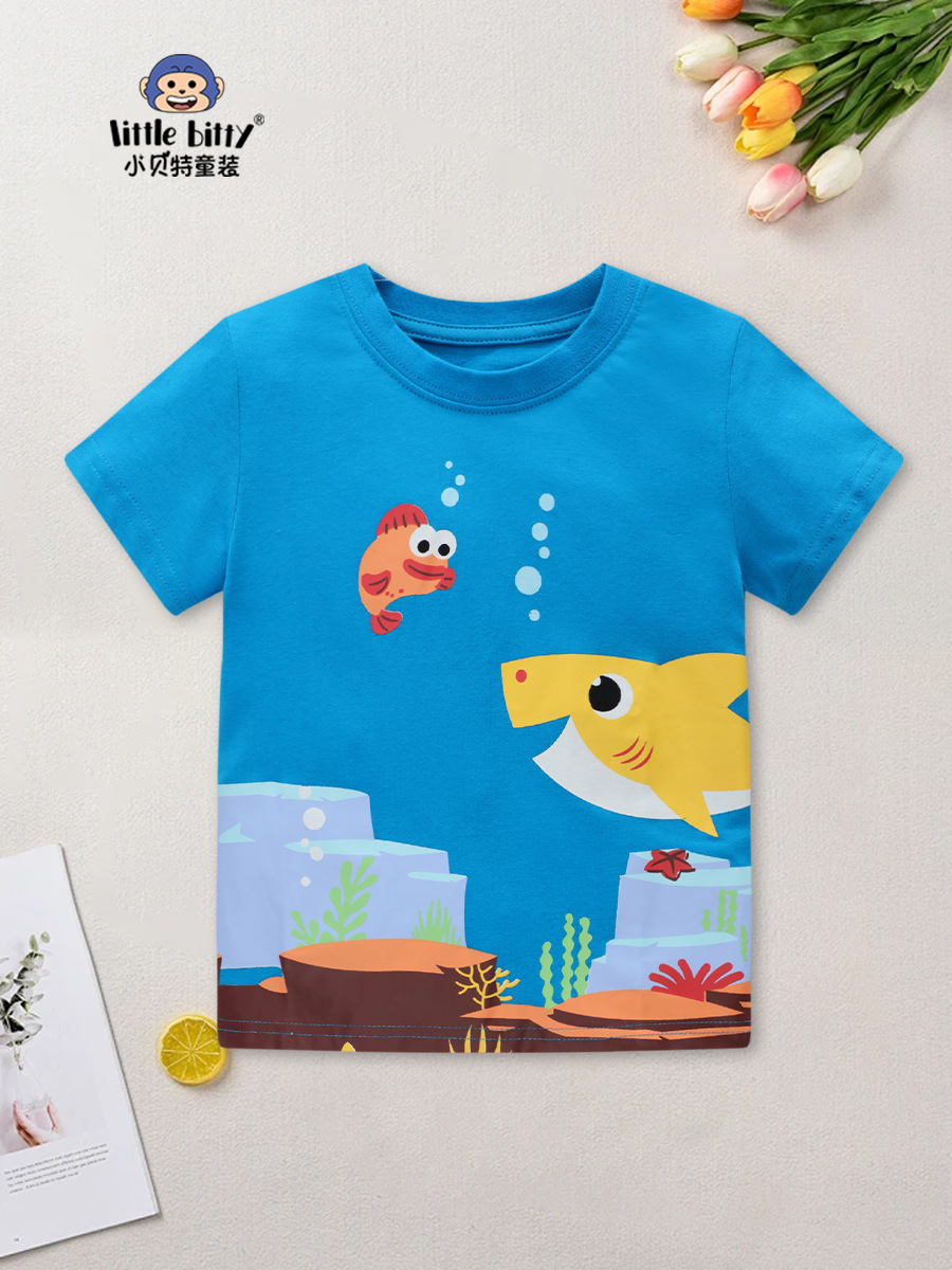 2025 New Children's Short Sleeve Summer T-Shirt Boys Round Neck Half Sleeve Cartoon Underwater World Theme Summer T-Shirt