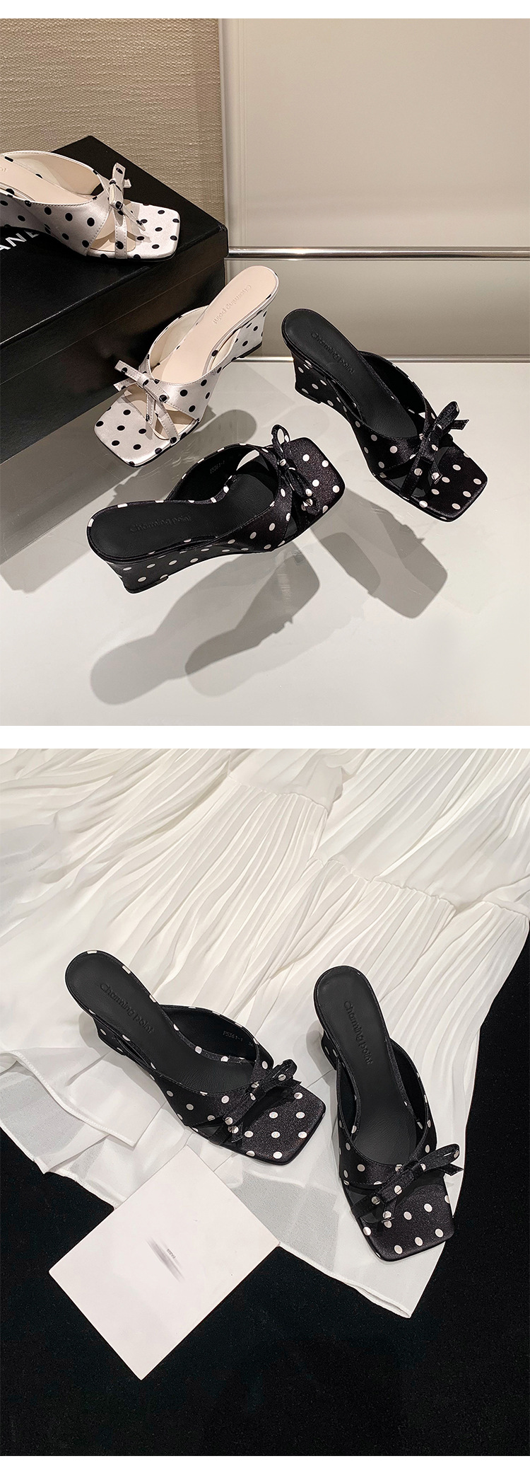 Sandal cao gót nữ hở mũi mũi vuông phong cách Pháp, quai ngang nơ bướm, đế xuồng chấm bi — màu đen, màu trắng chi tiết 10