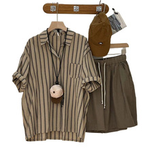 大码-斤日系BF风运动套装女短袖条纹衬衫夏季