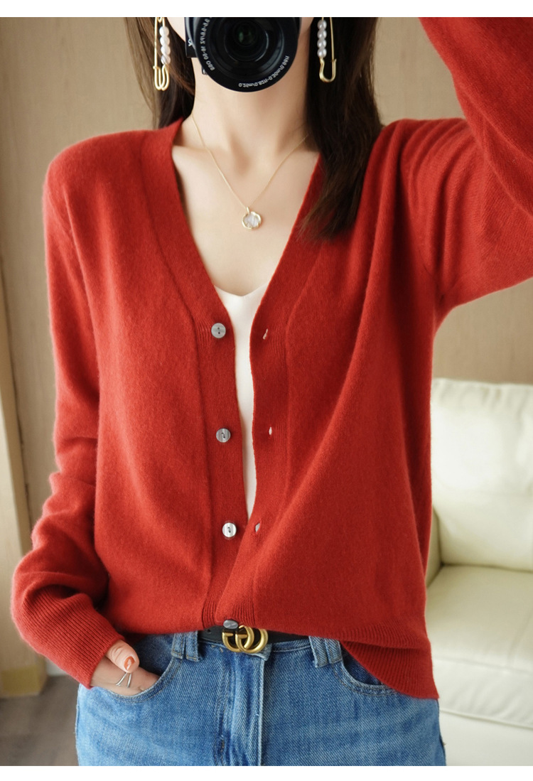 Solid-color wool cardigan, women's knitted base layer, V-neck autumn and winter 2021 new style, paired with sweater, women's shawl pic 25