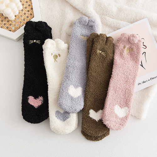Winter half-velvet mid-calf women's socks coral velvet socks casual color matching thickened warm floor socks adult towel socks