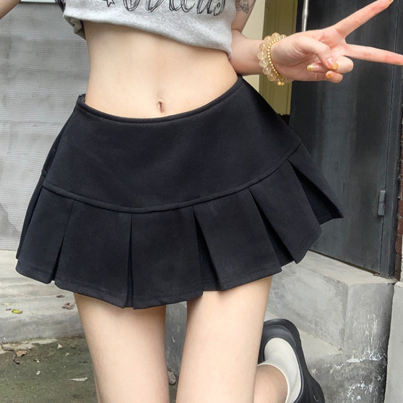秋冬の女性用黒鹿革プリーツスカート、小柄な人向け、ハイウエスト、痩身、露出防止、ホットガールAラインショートスカート|undefined