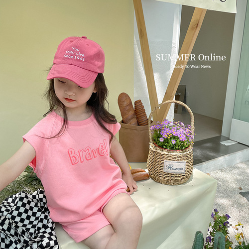 Elmo Beibei boys and girls neutral casual letter contrast short-sleeved tops shorts suit summer children's clothing