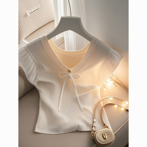 French Style Chic Beautiful Design Niche Top Summer Thin Slim-fit Slimming White Knitted Short-sleeved Shirt for Women
